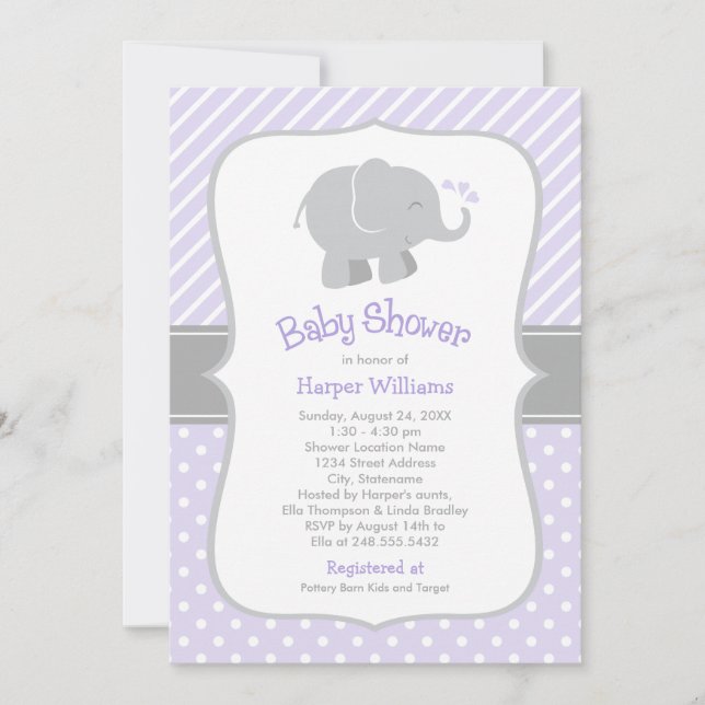 Convites Chá de Bebê Menina Elefante Roxo Moderno (Frente)