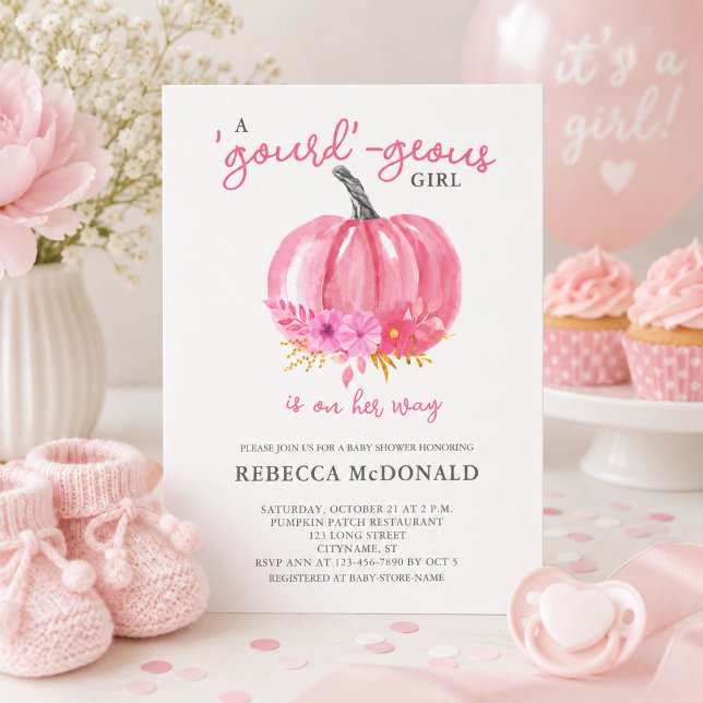 Convites Chá de Bebê Menina Elegante Abóbora Rosa (Add name and baby shower details to customize.  Matching items available)