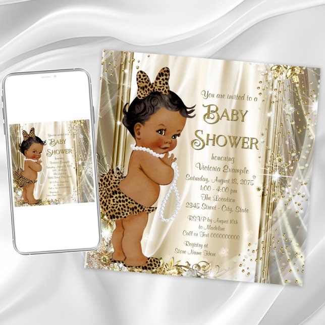 Convites Chá de Bebê Menina Étnica Fofa com Estampa de Leop (Cute leopard baby shower invitation. Instant download and printed invitations available.)