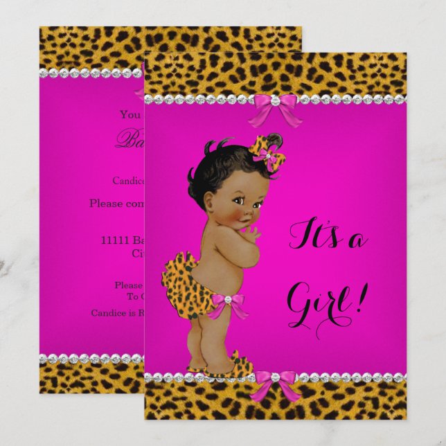 Convites Chá de Bebê Menina Étnica Leopardo Rosa (Frente/Verso)