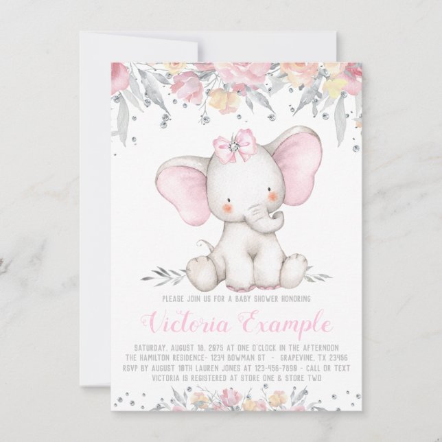 Convites Chá de Bebê Menina Flor de Diamante de Elefante (Frente)