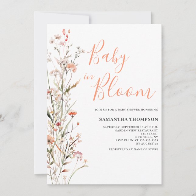 Convites Chá de Bebê Menina Flor de Pêssego Baby In Bloom (Frente)