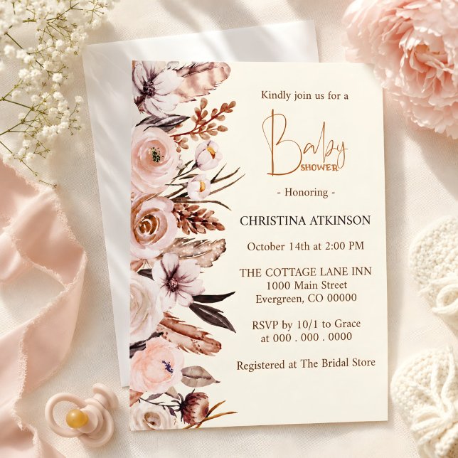 Convites Chá de Bebê Menina Flor Silvestre Boho Personaliza (Criador carregado)