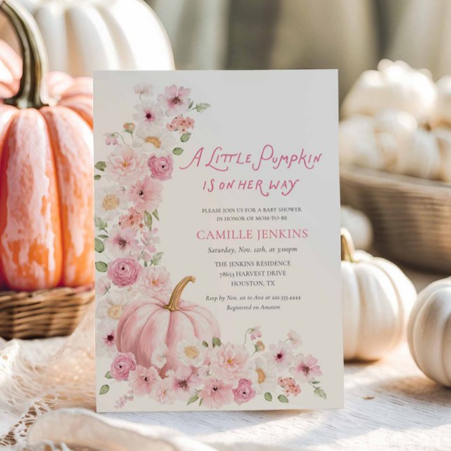 Convites Chá de Bebê Menina Floral Abóbora Rosa (Pink Pumpkin Fall baby shower invitation)