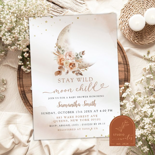 Convites Chá de Bebê Menina Floral Bege Boho Lua (Criador carregado)