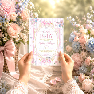 Convites Chá de Bebê Menina Floral Coquette Rosa Pastel