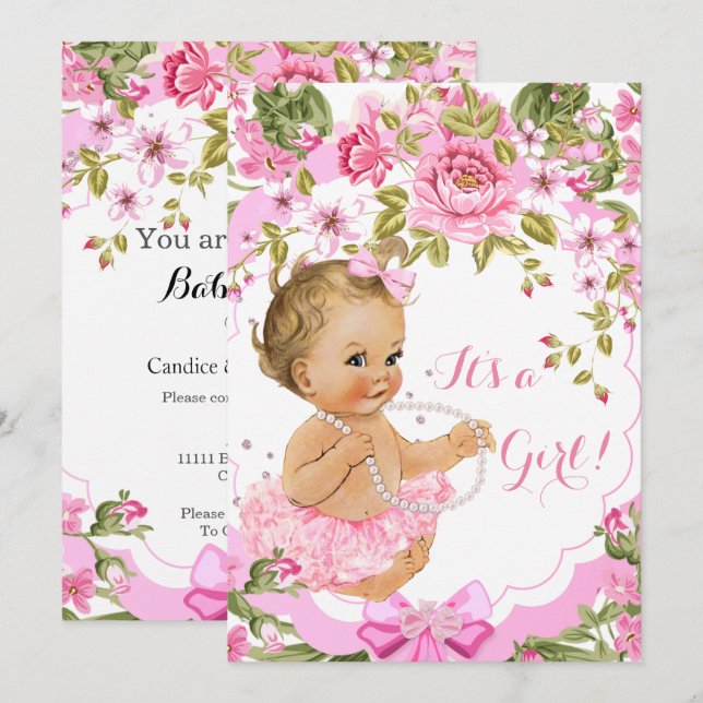 Convites Chá de Bebê Menina Floral Rosa Doce Tutu Loira (Frente/Verso)