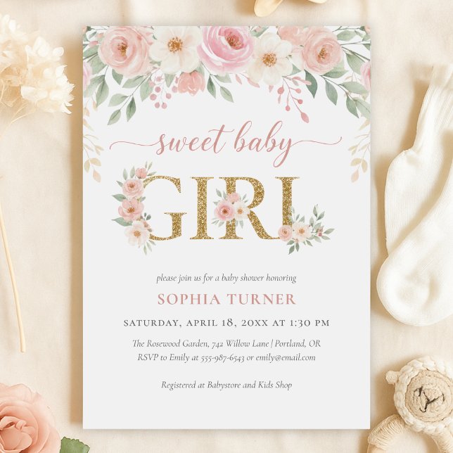 Convites Chá de Bebê Menina Floral Rosa Dourado (Blush Pink Gold Floral Girl Baby Shower Invitation)
