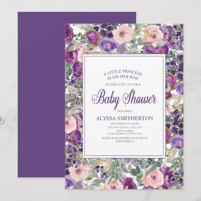 Convites Chá de Bebê Menina Floral Rosa Roxo (Frente/Verso)