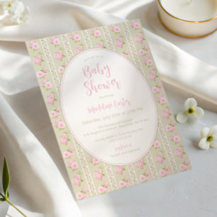 Convites Chá de Bebê Menina Floral Vintage em Verde Sage