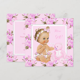Convites Chá de Bebê Menina Floral Vintage Urso Rosa Loira
