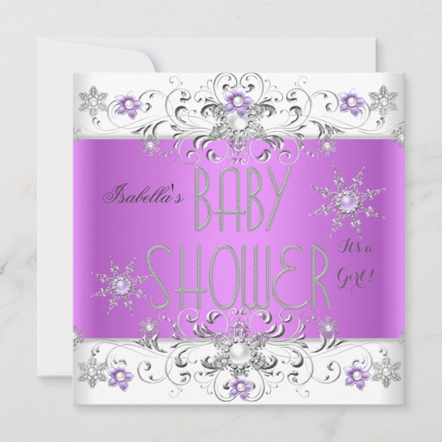 Convites Chá de Bebê Menina Floresta de Inverno Roxo Branco (Frente)