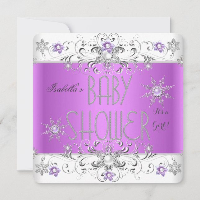 Convites Chá de Bebê Menina Floresta de Inverno Roxo Branco (Frente)