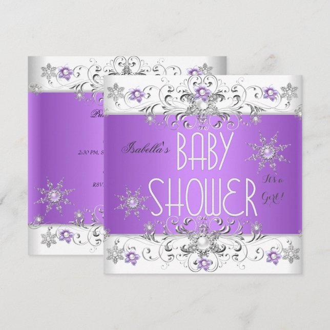 Convites Chá de Bebê Menina Floresta de Inverno Roxo Branco (Frente/Verso)