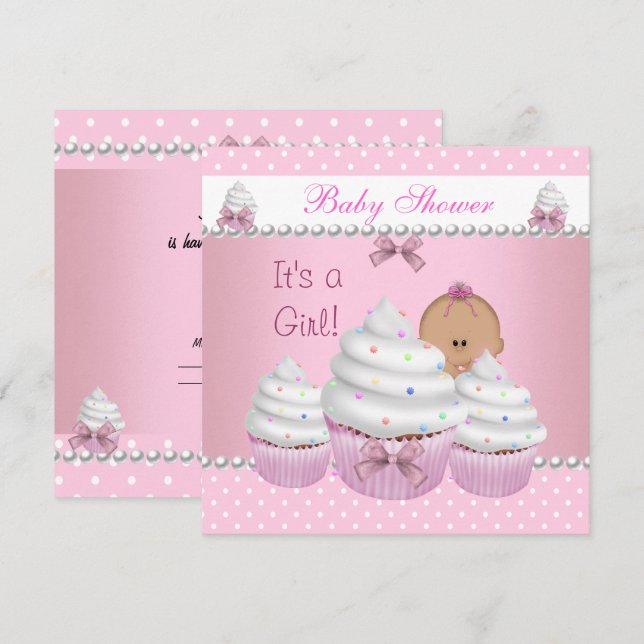 Convites Chá de Bebê Menina Fofa Cupcake Granulado Rosa (Frente/Verso)
