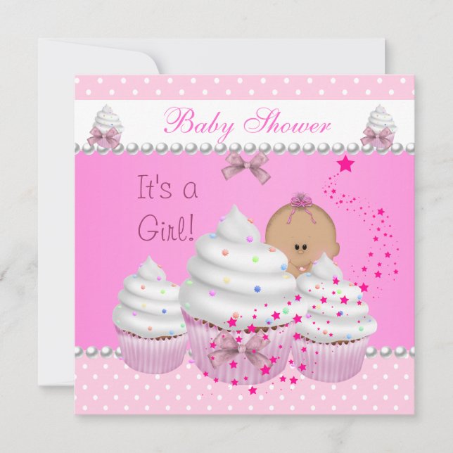 Convites Chá de Bebê Menina Fofa Cupcake Rosa Granulado (Frente)