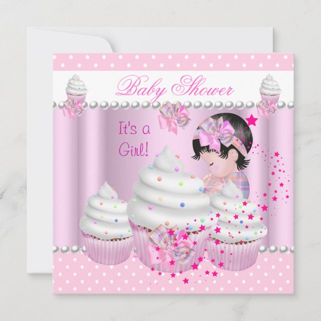 Convites Chá de Bebê Menina Fofa Cupcake Rosa Granulado (Frente)