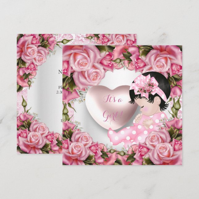 Convites Chá de Bebê Menina Fofa Rosas Rosa Bebê Menina 2 (Frente/Verso)