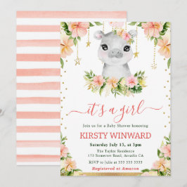 Convites Chá de Bebê Menina Hipopótamo Floral Aquarela