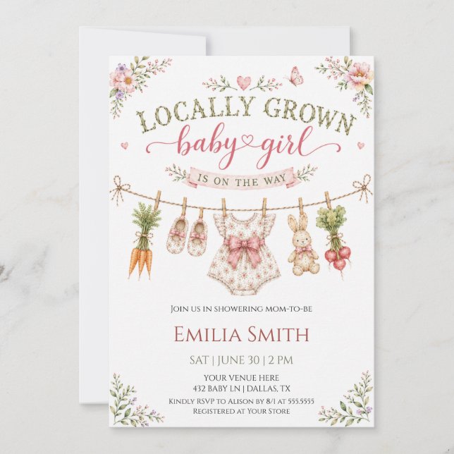 Convites Chá de Bebê Menina Jardim de Produtos Locais (Frente)
