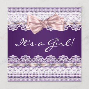 Convites Chá de Bebê Menina Laço Branco Fita Rosa Bebê Roxo