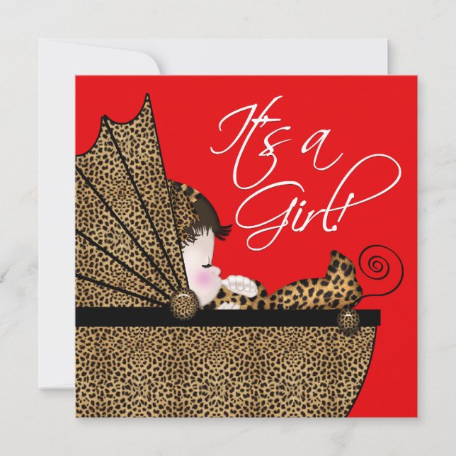 Convites Chá de Bebê Menina Leopardo Vermelho (Frente)