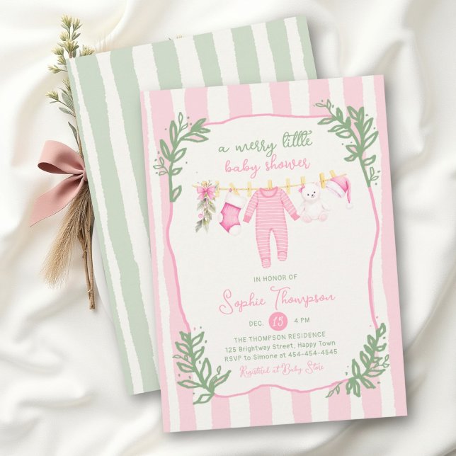 Convites Chá de Bebê Menina Listras Rosa Verde Alegre (Criador carregado)