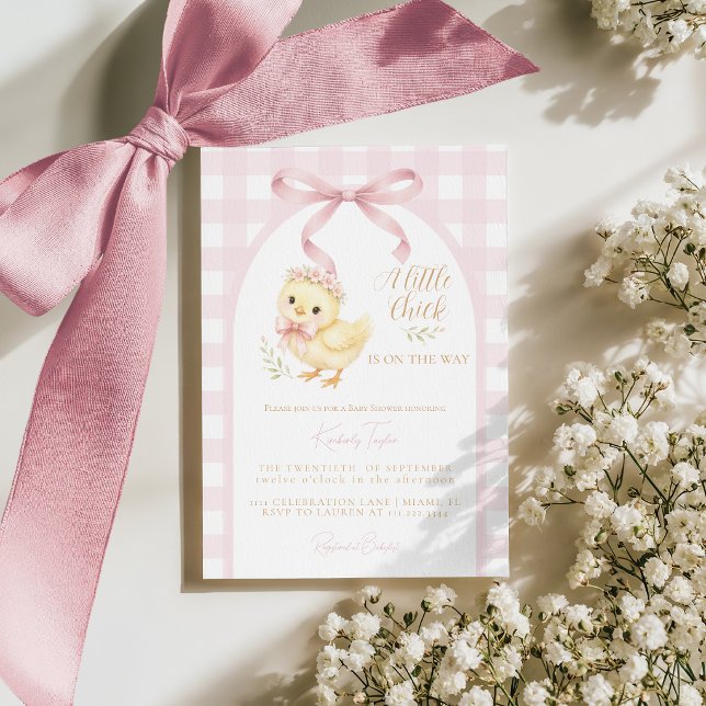 Convites Chá de Bebê Menina Little Chick Bow Rosa Xadrez (Criador carregado)