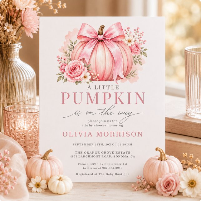 Convites Chá de Bebê Menina Little Pumpkin Arco Rosa (Criador carregado)