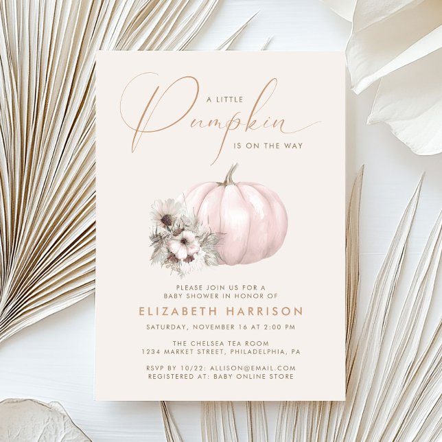 Convites Chá de Bebê Menina Little Pumpkin Rosa (Little Pumpkin Pink Girl Fall Baby Shower Invitation)