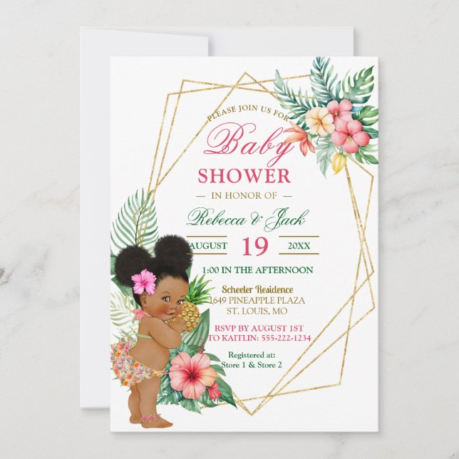 Convites Chá de Bebê Menina Luau Tropical de Abacaxi (Frente)