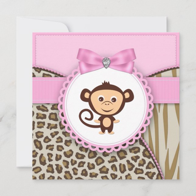 Convites Chá de Bebê Menina Macaco Rosa Elegante (Frente)