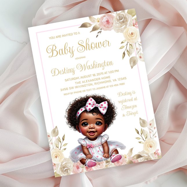 Convites Chá de Bebê Menina Ouro Rosa para Bebê Afro-Americ (Sweet baby girl in pretty dress baby shower invitation. Simply add your event details.)