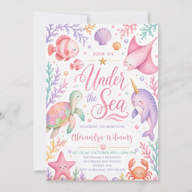 Convites Chá de Bebê Menina Pastel Debaixo do Mar (Frente)