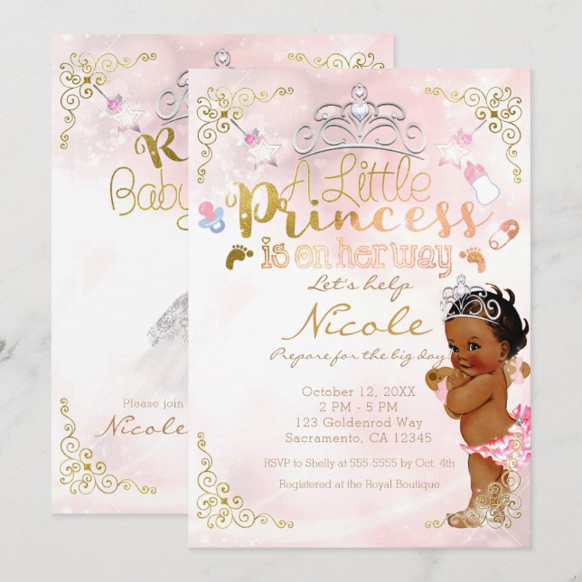 Convites Chá de Bebê Menina Pequena Princesa Rosa Étnico Es (Frente/Verso)