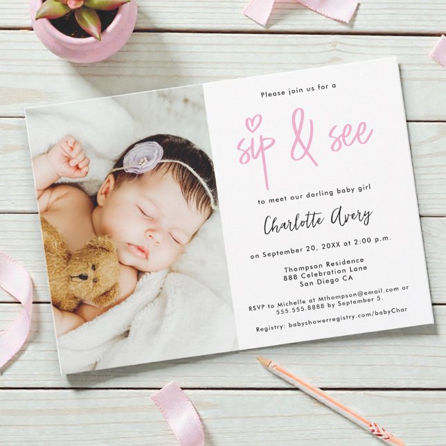 Convites Chá de Bebê Menina Personalizado com Foto e Sip an (Sip and see custom baby girl minimalist design with photo.)