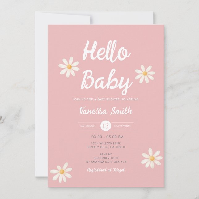 Convites Chá de Bebê Menina Pink Daisy Hello (Frente)