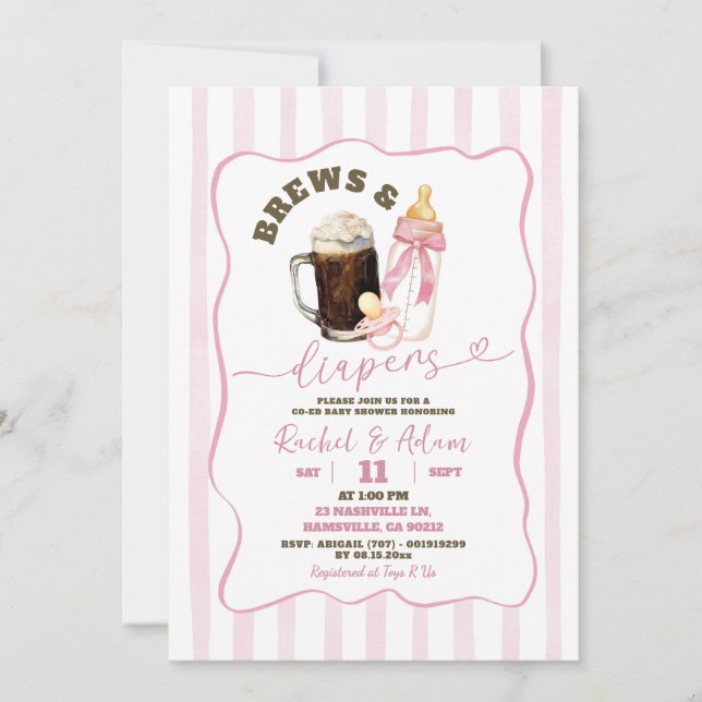 Convites Chá de Bebê Menina Pink Hand Drawn Brews & Diapers (Frente)