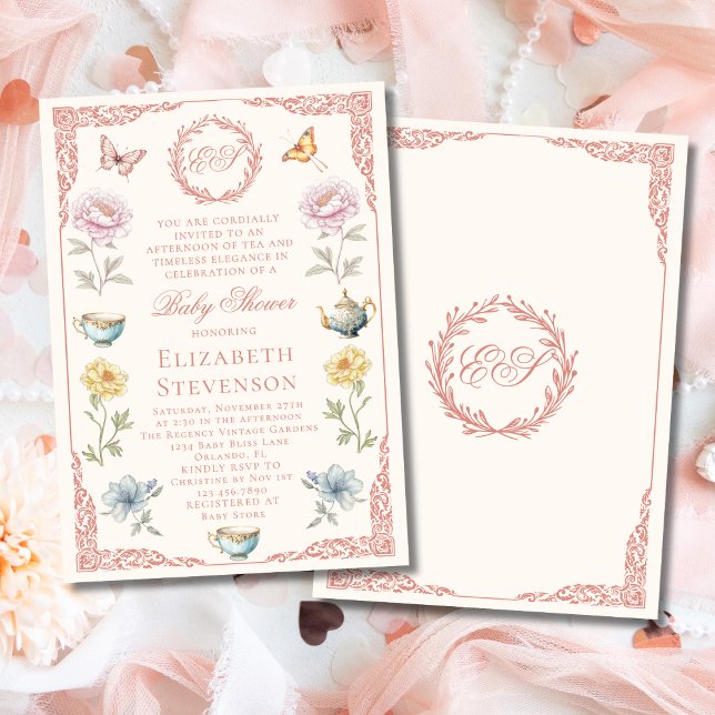 Convites Chá de Bebê Menina Pink Old Money Regency Party (Criador carregado)