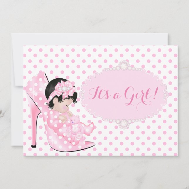 Convites Chá de Bebê Menina Pontos Polka Rosa Branco C (Frente)