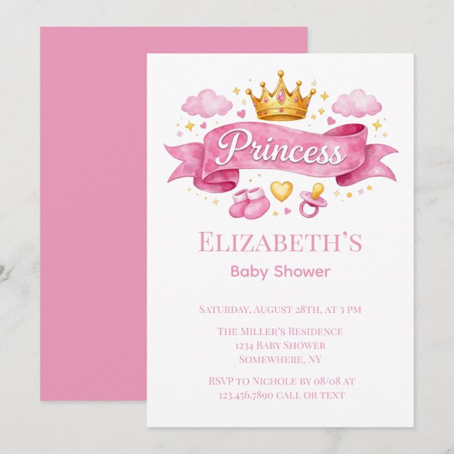 Convites Chá de Bebê Menina Princesa Aquarela Rosa (Frente/Verso)