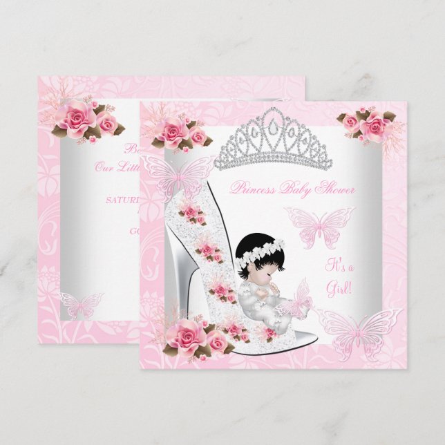 Convites Chá de Bebê Menina Princesa Borboleta Sapato Rosa  (Frente/Verso)