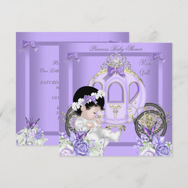 Convites Chá de Bebê Menina Princesa Carruagem Lavanda (Frente/Verso)