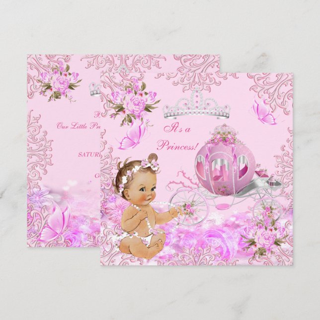 Convites Chá de Bebê Menina Princesa Carruagem Rosa (Frente/Verso)