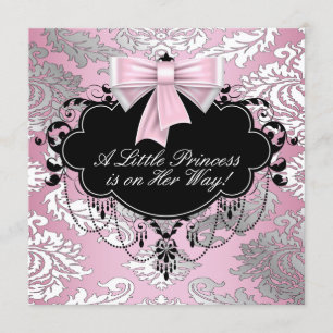 Convites Chá de Bebê Menina Princesa Rosa e Preto Prateado
