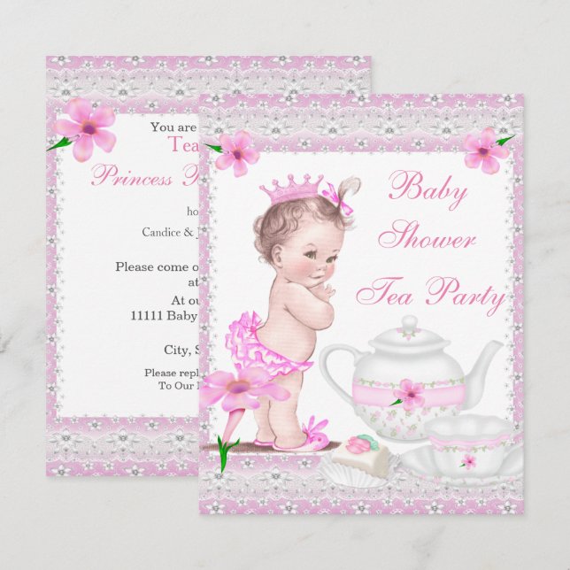 Convites Chá de Bebê Menina Princesa Rosa Festa do Chá Vint (Frente/Verso)