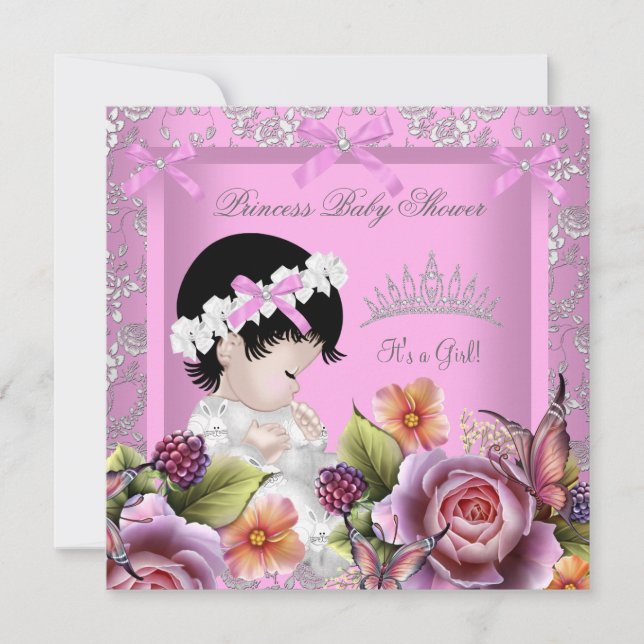 Convites Chá de Bebê Menina Princesa Rosa Tiara Damasco (Frente)