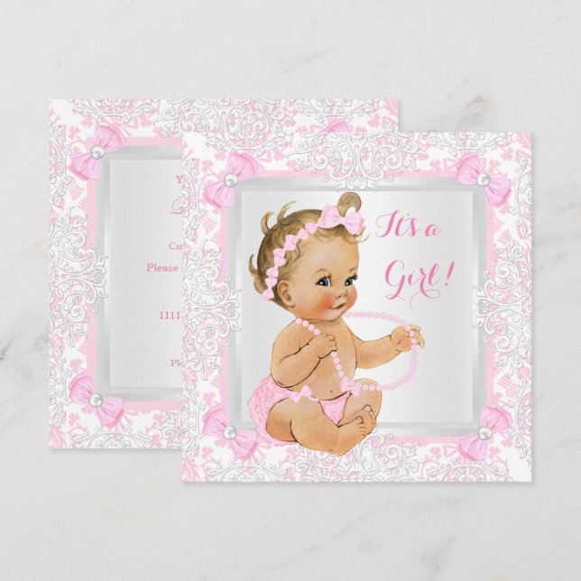 Convites Chá de Bebê Menina Renda Damasco Rosa Loira (Frente/Verso)