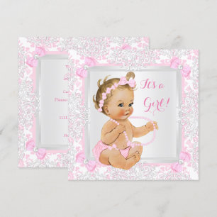 Convites Chá de Bebê Menina Renda Damasco Rosa Loira
