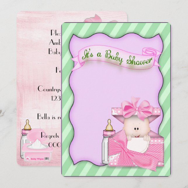 Convites Chá de Bebê Menina Rosa (Frente/Verso)